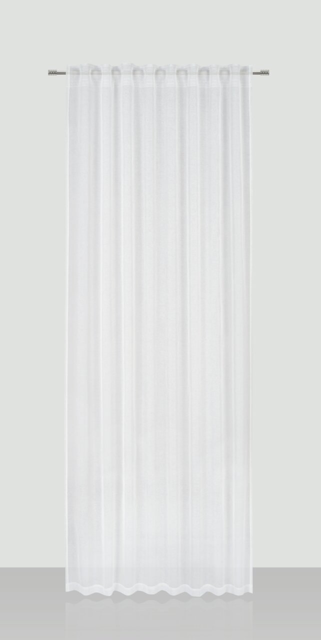 Weißer Fertigvorhang 135x245cm, frontal aufgenommen, mit leichter Transparenz und eleganten Falten.