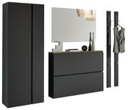 Modernes Garderobenset in schwarzem Design mit Schrank, Spiegel und Hakenleiste, seitliche Perspektive