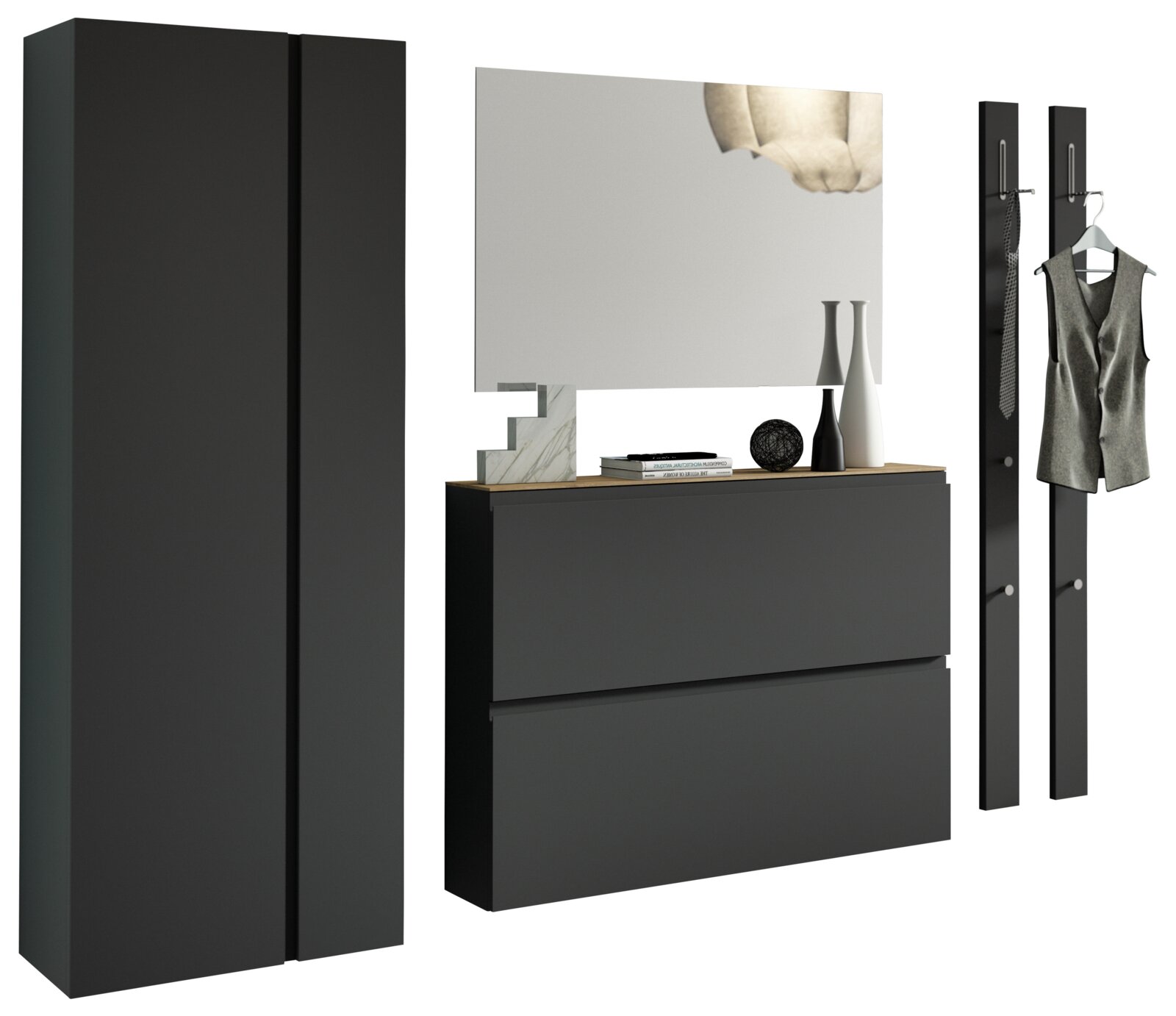 Modernes Garderobenset in schwarzem Design mit Schrank, Spiegel und Hakenleiste, seitliche Perspektive
