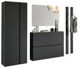 Modernes Garderobenset in schwarzem Design mit Schrank, Spiegel und Hakenleiste, seitliche Perspektive