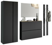 Modernes Garderobenset in schwarzem Design mit Schrank, Spiegel und Hakenleiste, seitliche Perspektive