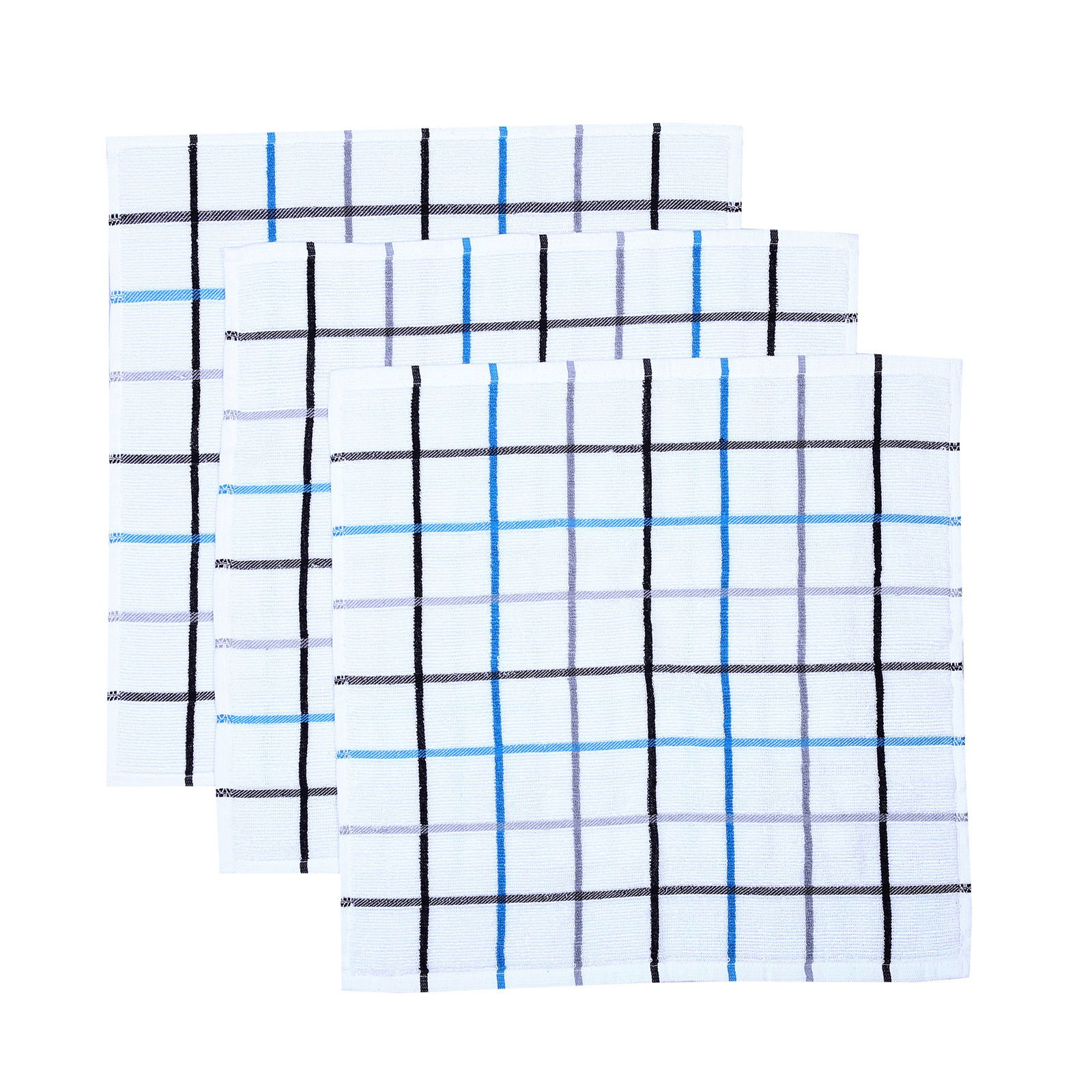 Drei Geschirrtücher im Set Lisa mit kariertem Muster in Blau, Schwarz und Grau, aus der Vogelperspektive.