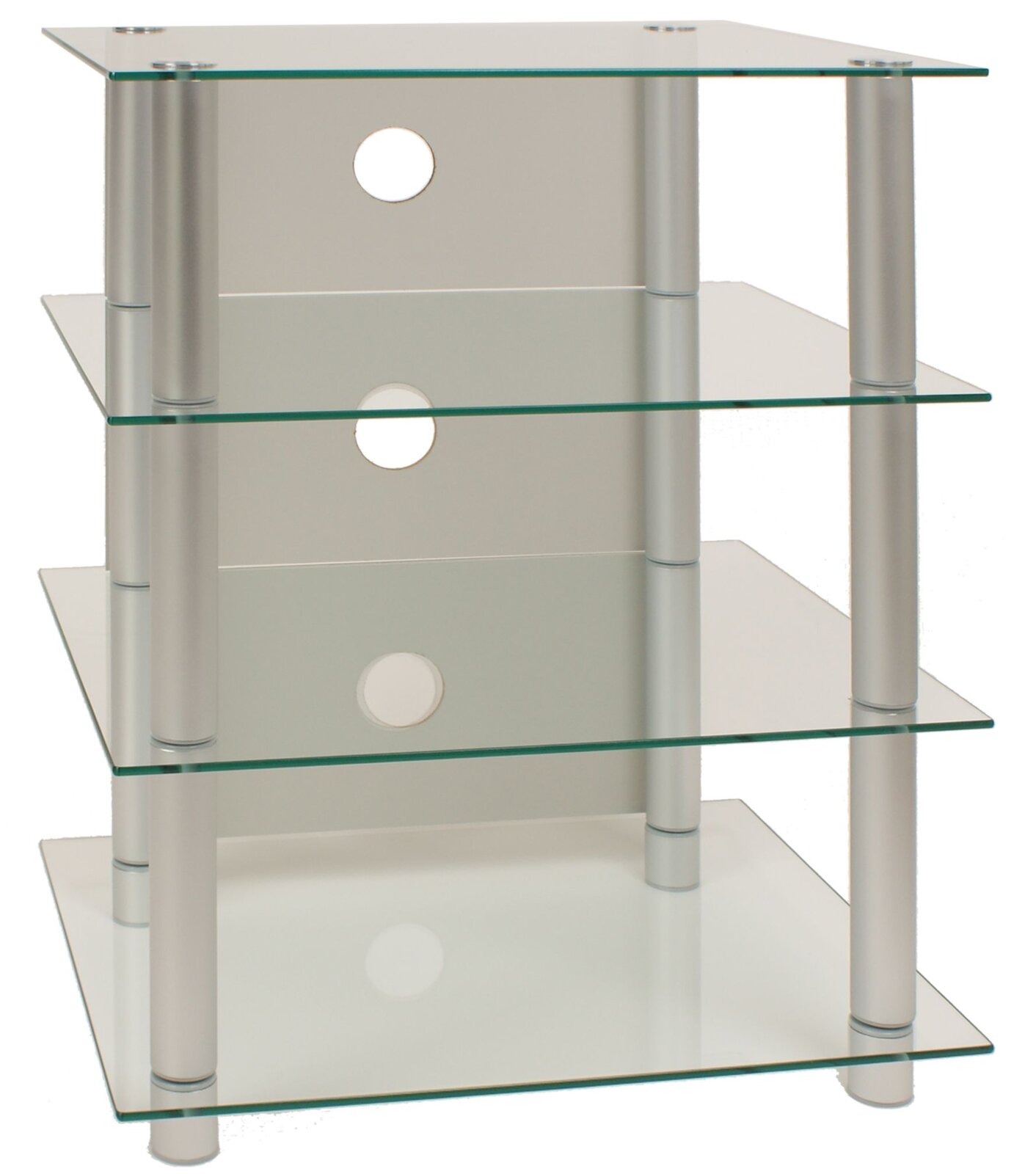 Mehrstöckiges HiFi-/TV-Rack mit vier Glasböden und silbernen Metallstützen, Frontansicht leicht schräg von oben