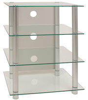 Mehrstöckiges HiFi-/TV-Rack mit vier Glasböden und silbernen Metallstützen, Frontansicht leicht schräg von oben