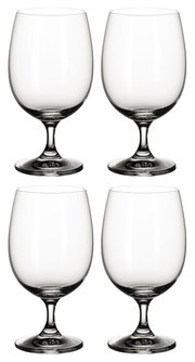 Vier elegante Wasserkelche aus Glas, frontal abgebildet.