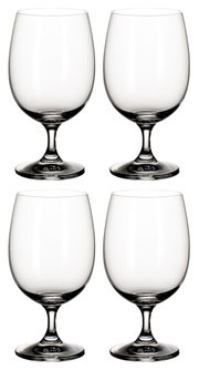 Vier elegante glazen waterbekers, van voren afgebeeld.