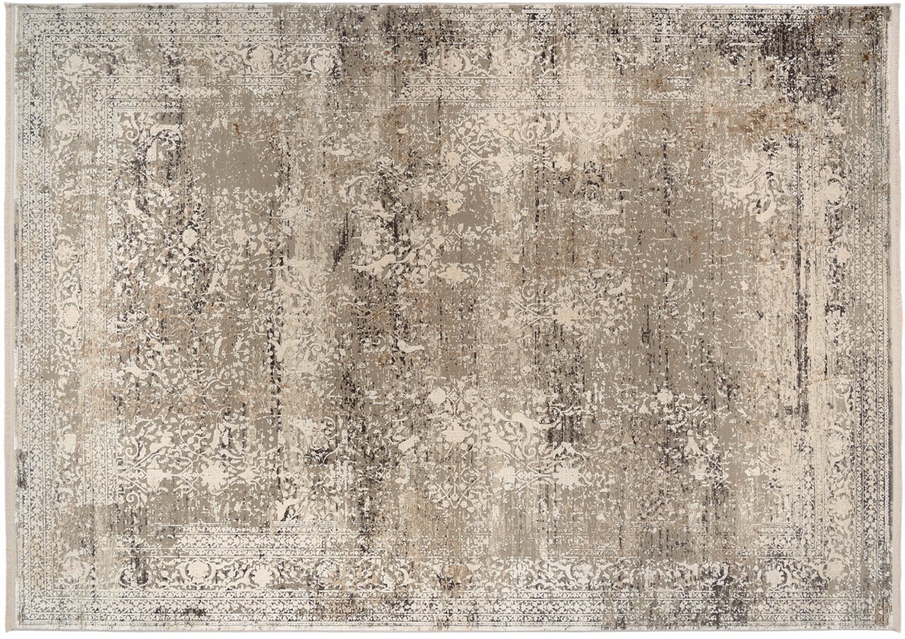 Designer Teppich in neutralen Beige- und Grautönen mit einem abstrakten, vintage-inspirierten Muster, Draufsicht