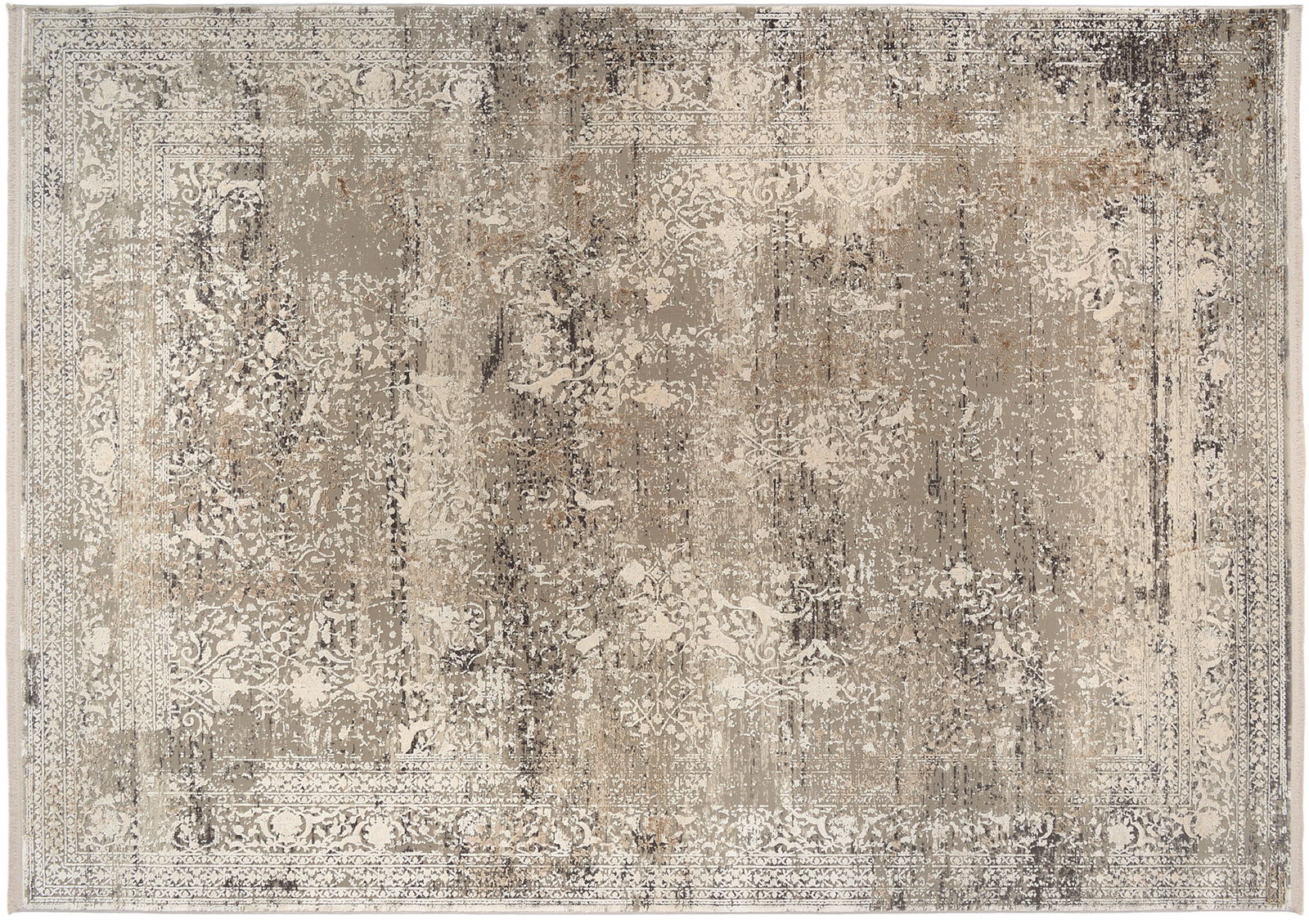 Designer Teppich in neutralen Beige- und Grautönen mit einem abstrakten, vintage-inspirierten Muster, Draufsicht