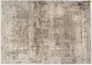 Designer Teppich in neutralen Beige- und Grautönen mit einem abstrakten, vintage-inspirierten Muster, Draufsicht