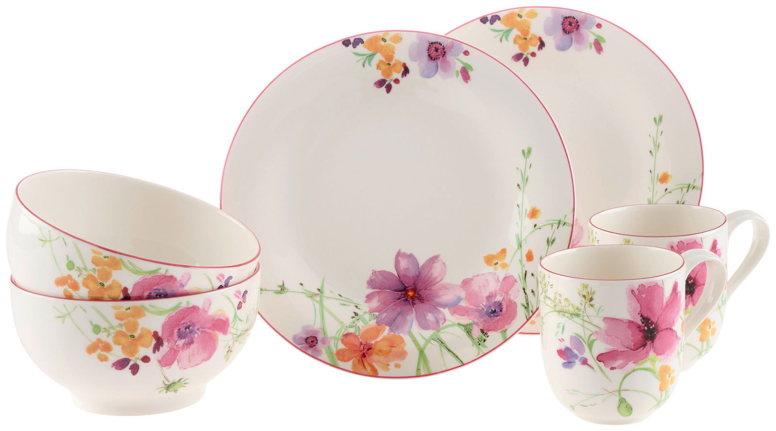 Frühstücks-Set, 6-teilig, mit floralem Design, bestehend aus zwei Tellern, zwei Schalen und zwei Tassen, aus seitlicher Perspektive fotografiert.