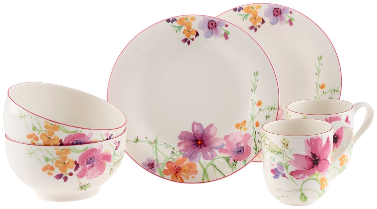 Villeroy & Boch Frühstücks-Set, 6-tlg. MARIEFLEUR BASIC Frühstücks-Set, 6-teilig, mit floralem Design, bestehend aus zwei Tellern, zwei Schalen und zwei Tassen, aus seitlicher Perspektive fotografiert.
