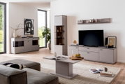Modernes Wohnzimmer mit grauer Wohnwand (TV-Lowboard, Sideboard, Vitrine und Wandregal) sowie passendem Couchtisch; frontale Perspektive auf das Möbel-Set