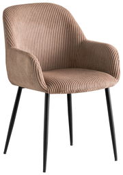 Beiger Armlehnstuhl mit geripptem Stoffbezug und schwarzen Metallbeinen, seitliche Perspektive