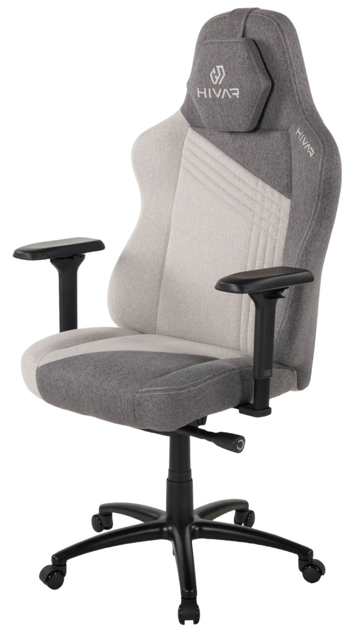 Grauer Gaming-Stuhl mit verstellbaren Armlehnen und ergonomischem Design, seitliche Perspektive