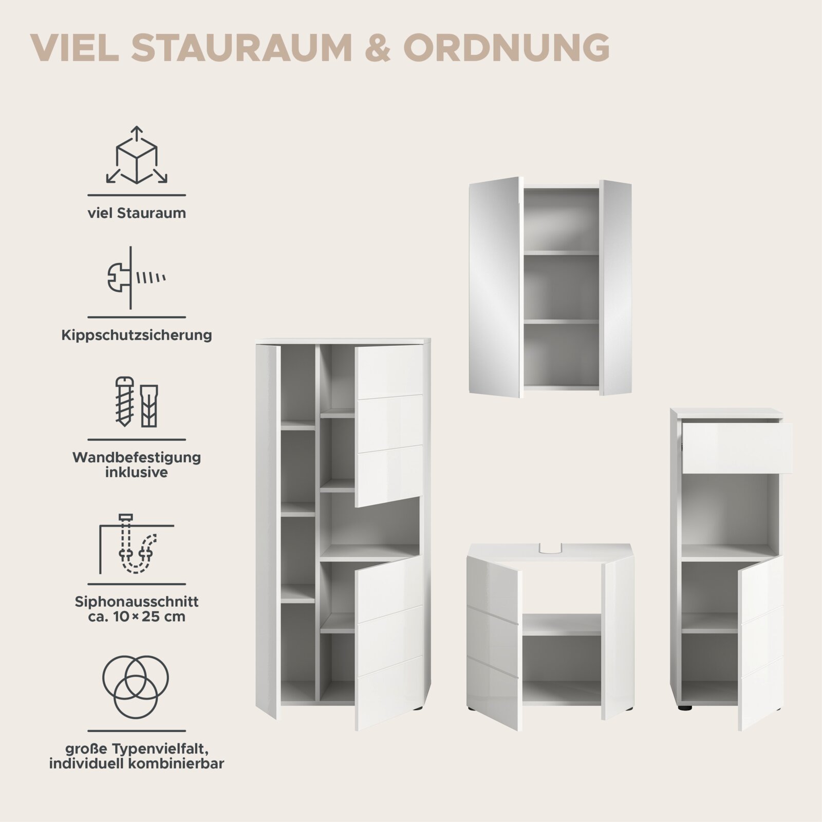 Badkombination mit viel Stauraum, Kippschutzsicherung und Wandbefestigung, Perspektive von vorne.