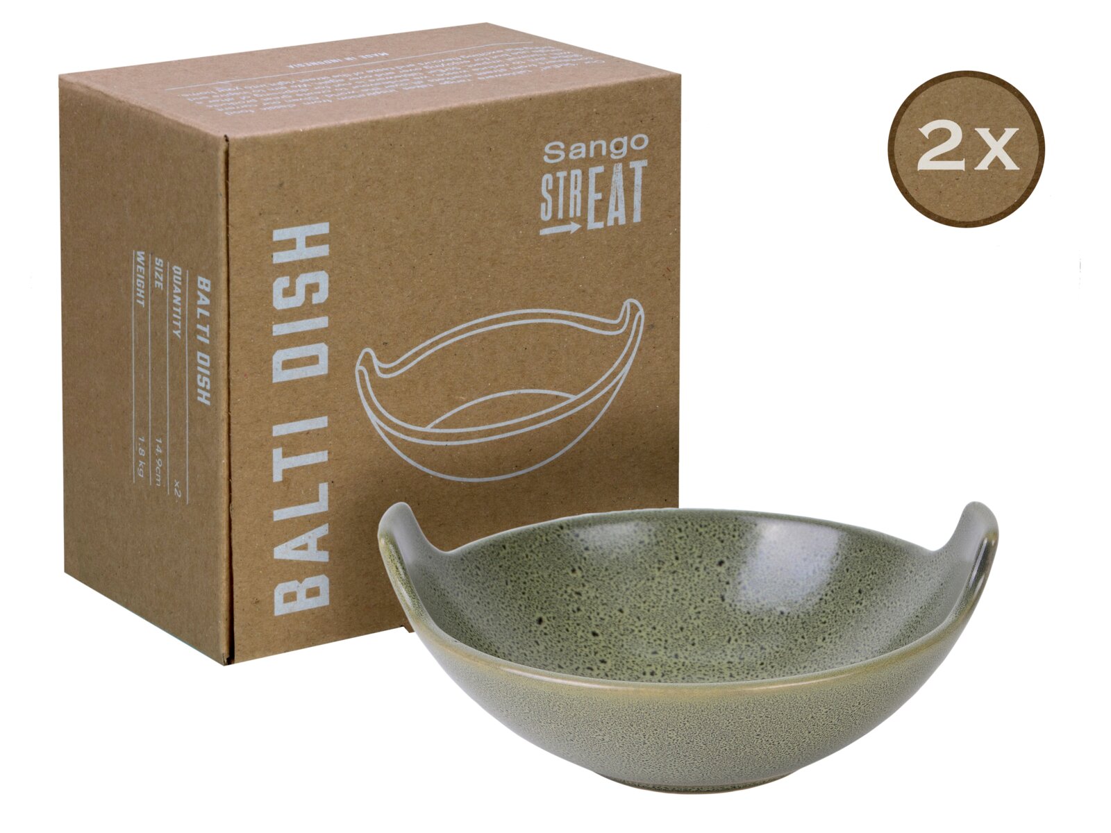 Creatable Balti Dish 2-tlg STREET FOOD Sango STREAT Balti Dish Keramikschale in gesprenkeltem Grün vor brauner Verpackungsbox, 2er-Set (2x), schräg von vorn/leicht von oben fotografiert