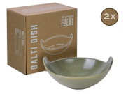 Sango STREAT Balti Dish Keramikschale in gesprenkeltem Grün vor brauner Verpackungsbox, 2er-Set (2x), schräg von vorn/leicht von oben fotografiert