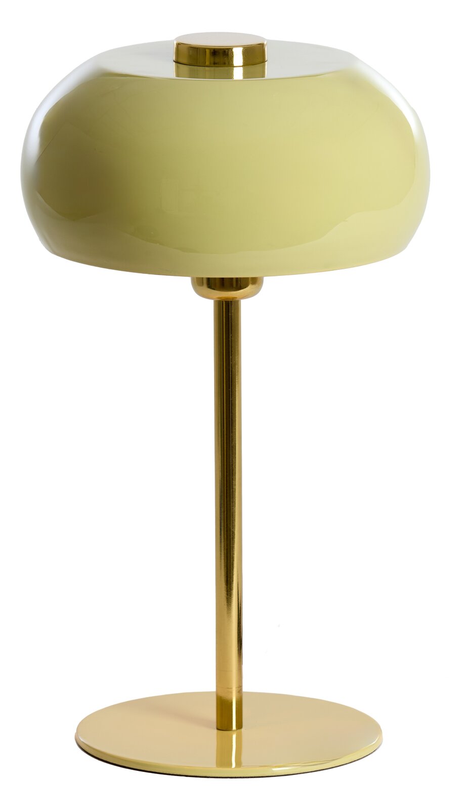 Elegante Tischleuchte mit goldfarbenem Standfuß und rundem, olivgrünem Lampenschirm, seitliche Perspektive