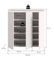 Weißer Schrank mit drei geöffneten Türen und mehreren Einlegeböden, Maße ca. 105 x 111 x 37 cm, Fachhöhen 18–20 cm, Fachbreite ca. 33 cm, Belastbarkeit oben 20 kg und je Boden 5 kg, Frontansicht.