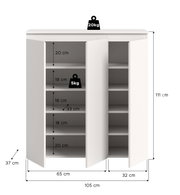 Weißer Schrank mit drei geöffneten Türen und mehreren Einlegeböden, Maße ca. 105 x 111 x 37 cm, Fachhöhen 18–20 cm, Fachbreite ca. 33 cm, Belastbarkeit oben 20 kg und je Boden 5 kg, Frontansicht.
