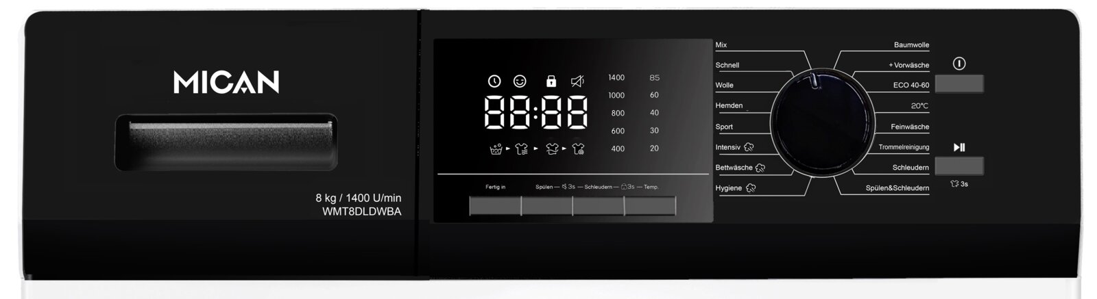 Bedienfeld einer MICAN Waschmaschine in Schwarz mit Waschmittelschublade links, digitalem Display und Programmdrehknopf; Frontansicht/gerade Perspektive