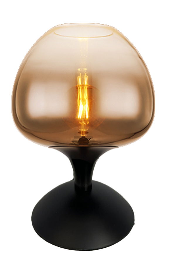 Moderne Tischleuchte MAXY mit rauchigem Glas und schwarzem Sockel, frontal betrachtet.