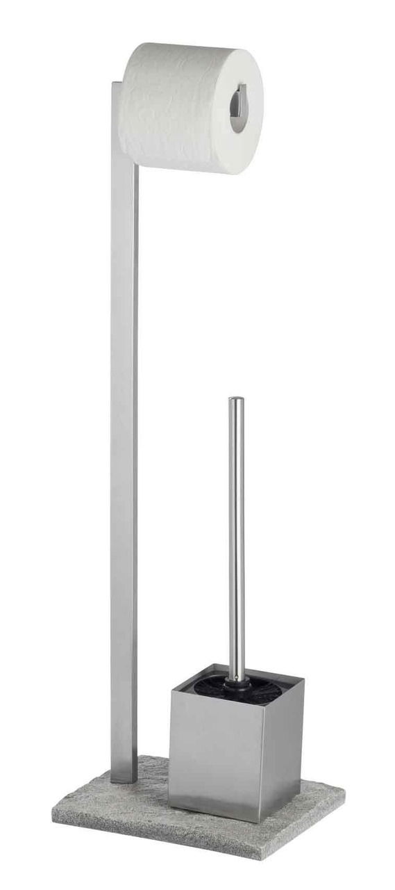 Edelstahl Stand WC-Garnitur mit Toilettenpapierhalter und Bürstenhalter, seitliche Perspektive