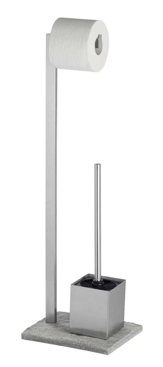 Edelstahl Stand WC-Garnitur mit Toilettenpapierhalter und Bürstenhalter, seitliche Perspektive