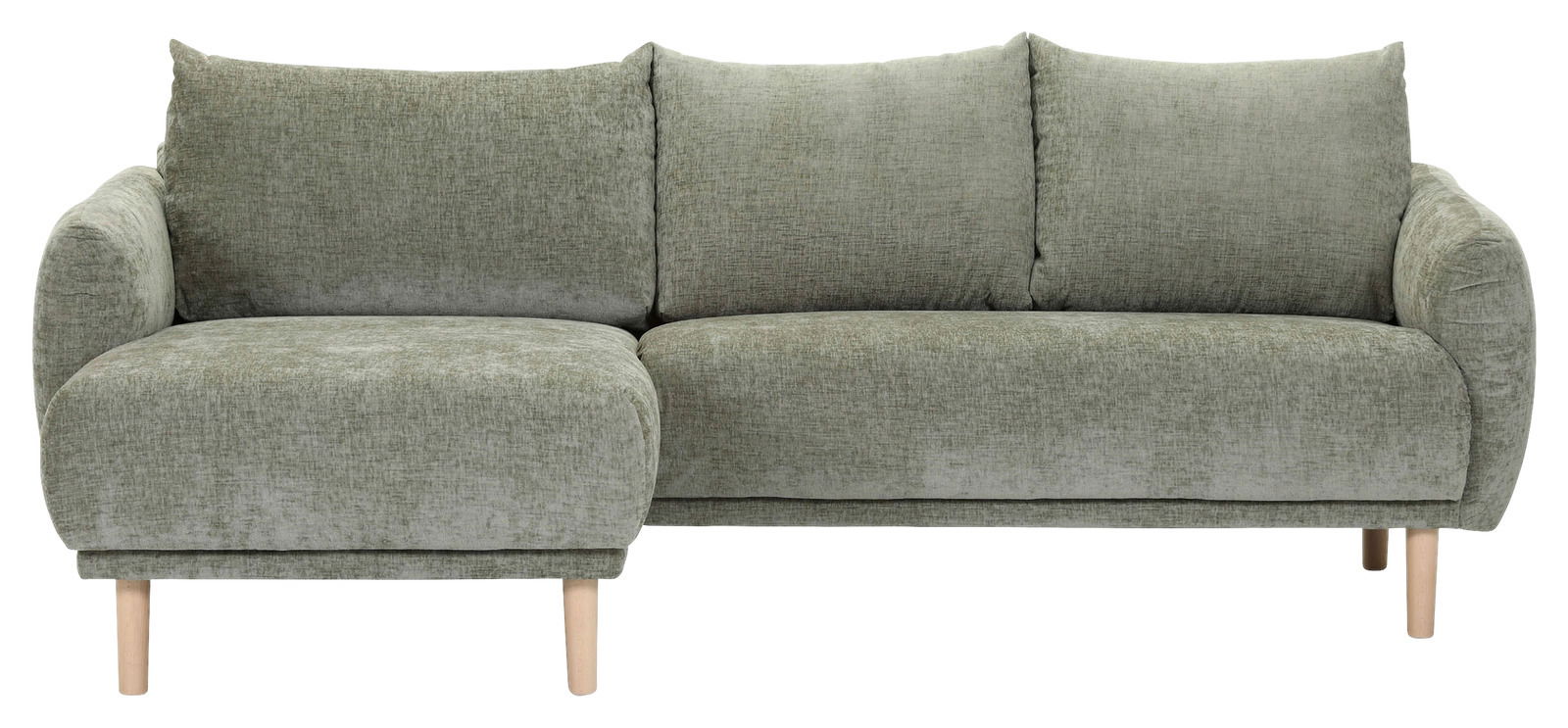 Grünes Ecksofa mit linker Ottomane, frontal betrachtet