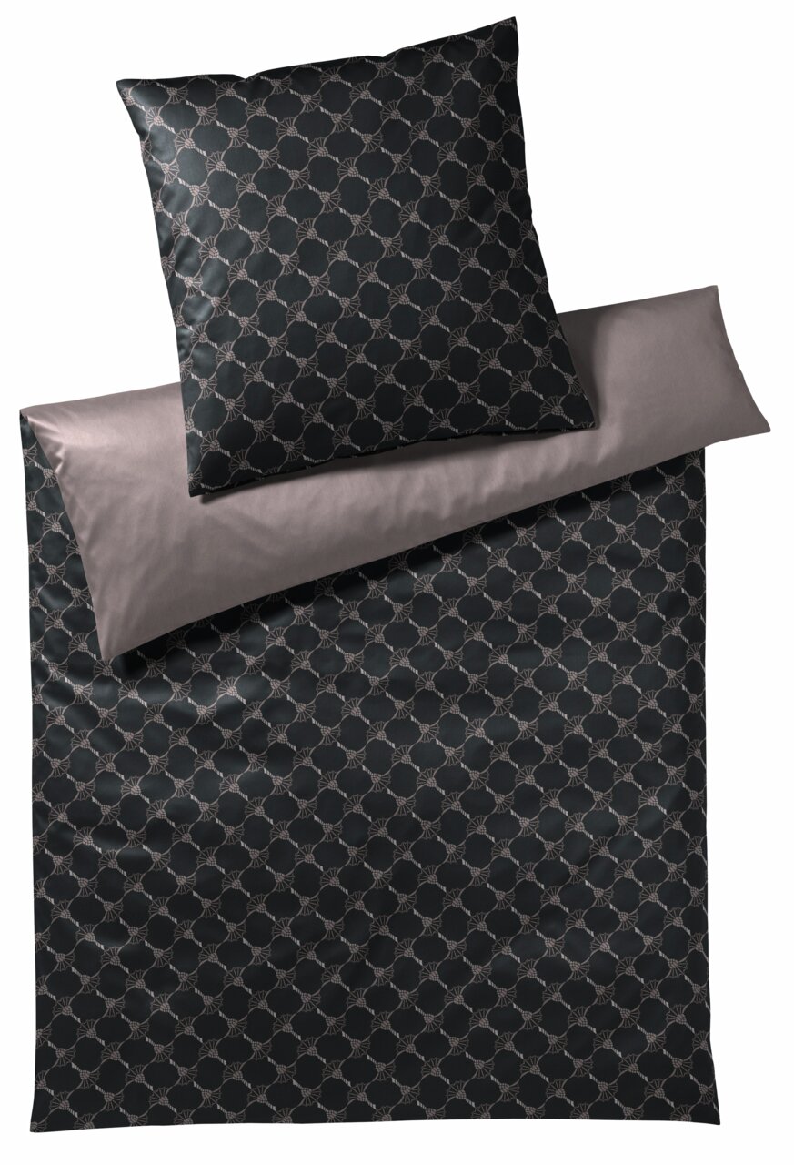 JOOP! Bettwäsche CORNFLOWER DOUBLE Bettwäsche-Set in Schwarz mit geometrischem Muster, bestehend aus einem Kissenbezug und einem Deckenbezug, aus der Vogelperspektive fotografiert.
