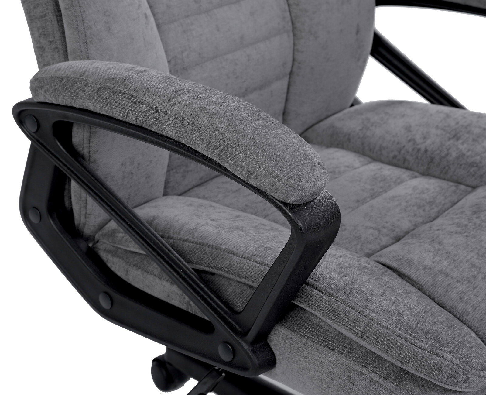 Grauer Homeoffice-Drehstuhl mit gepolsterten Armlehnen, seitliche Perspektive