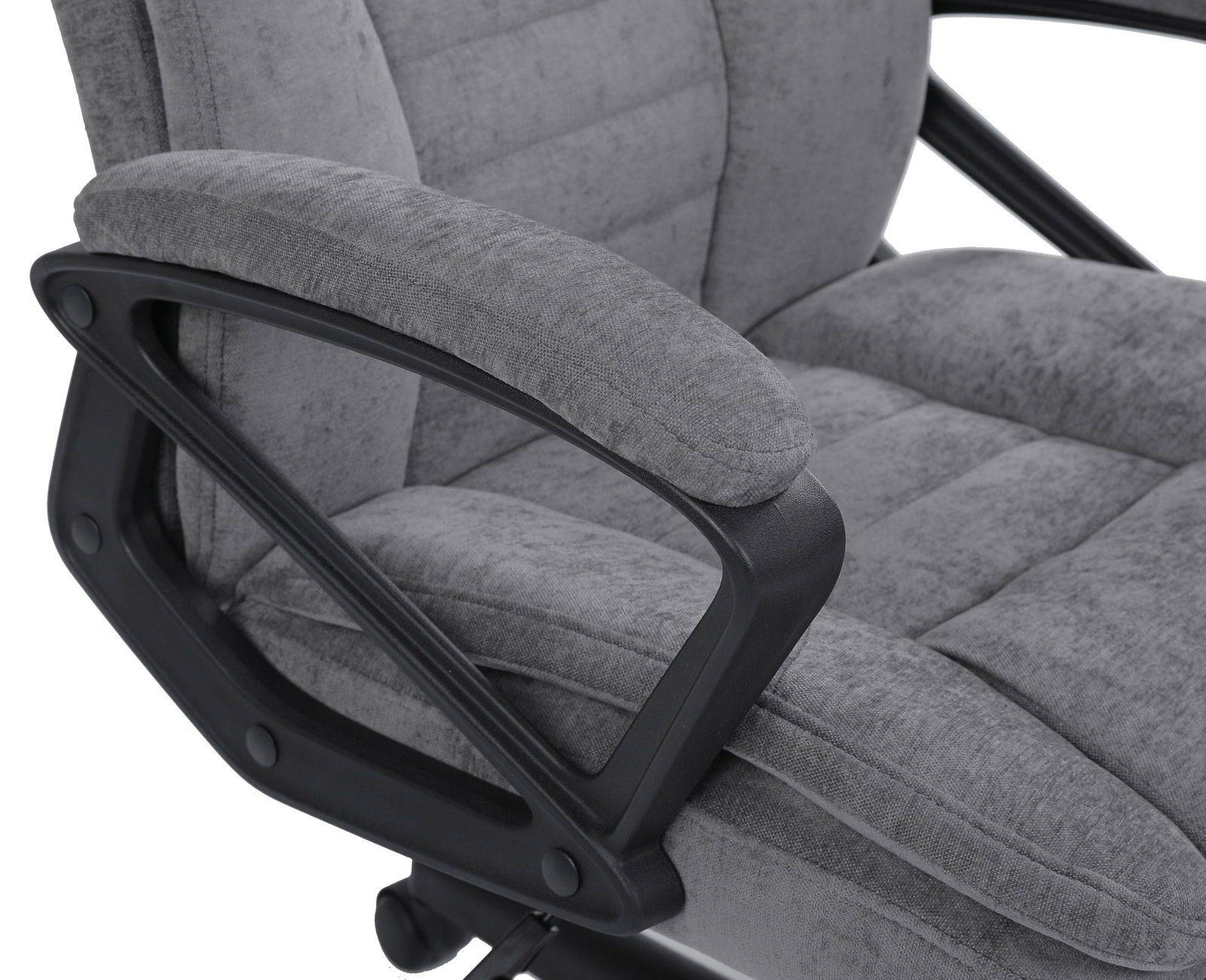 Grauer Homeoffice-Drehstuhl mit gepolsterten Armlehnen, seitliche Perspektive