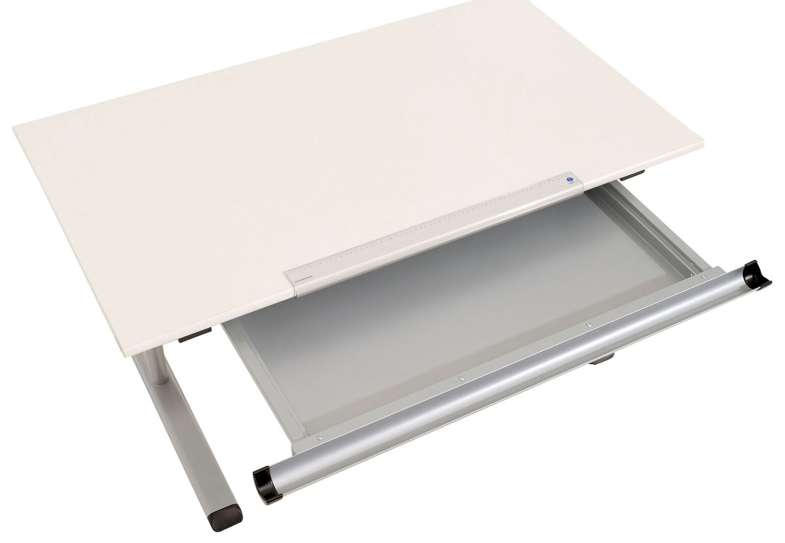 Paidi Schubkastenauszug MARCO2 Schubkastenauszug in silberner Farbe, von oben betrachtet, unter einem weißen Tisch montiert.