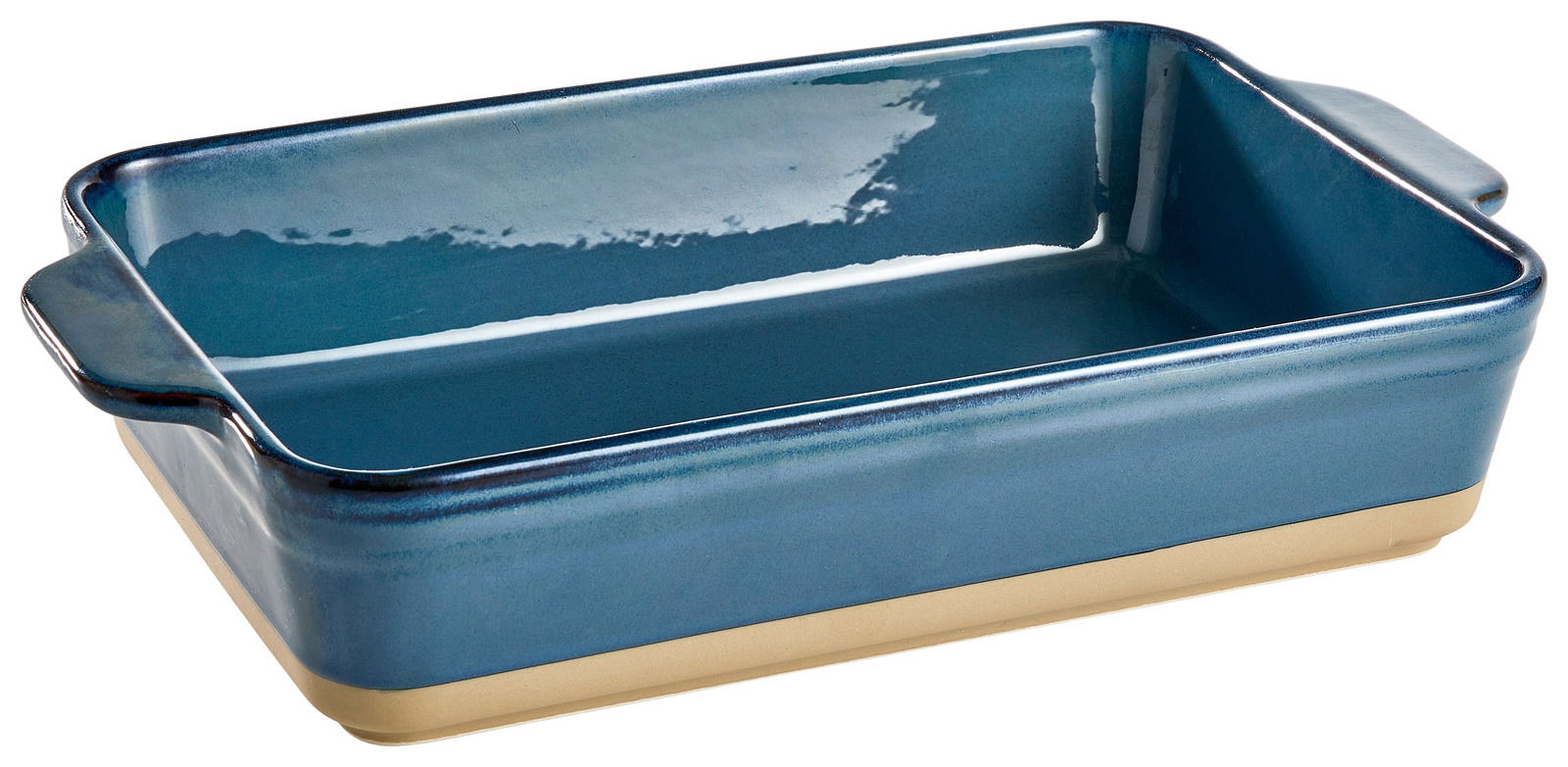 Rechteckige blaue Auflaufform mit Griffen, seitliche Perspektive