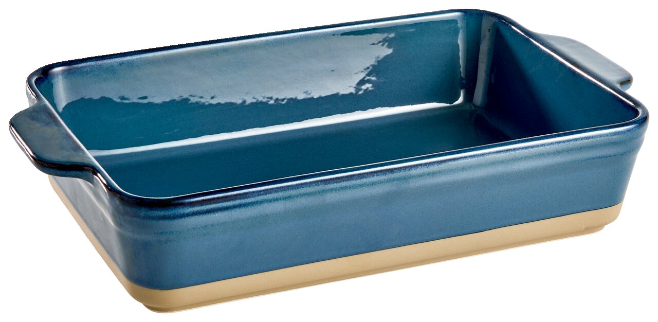 Rechteckige blaue Auflaufform mit Griffen, seitliche Perspektive