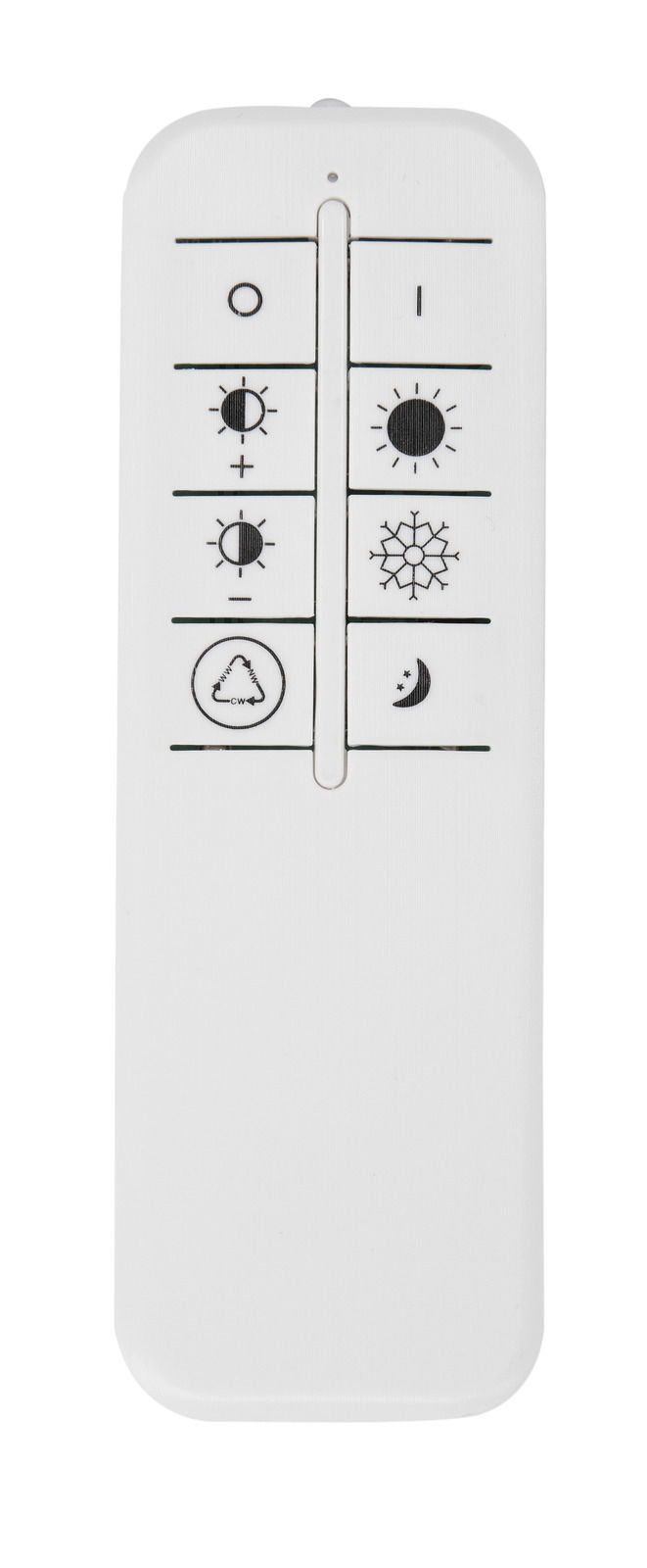 Fernbedienung für LED-Hängeleuchte Sol, Vorderansicht mit verschiedenen Symbolen zur Steuerung der Lichtintensität und -farbe.