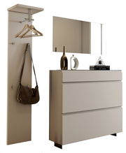 Garderobenset in modernem Design mit Wandpaneel, Kleiderhaken, Spiegel und Kommode, seitliche Perspektive