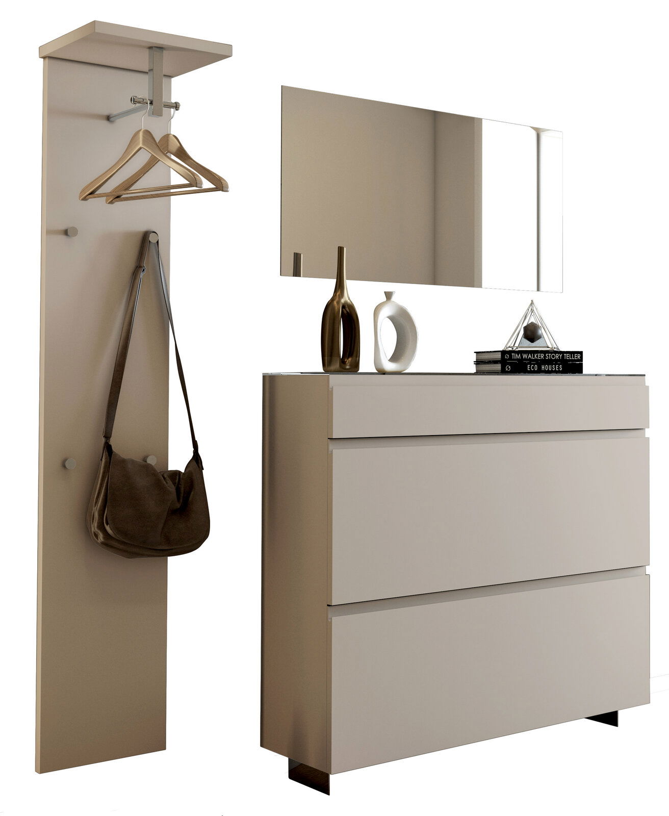 Garderobenset in modernem Design mit Wandpaneel, Kleiderhaken, Spiegel und Kommode, seitliche Perspektive