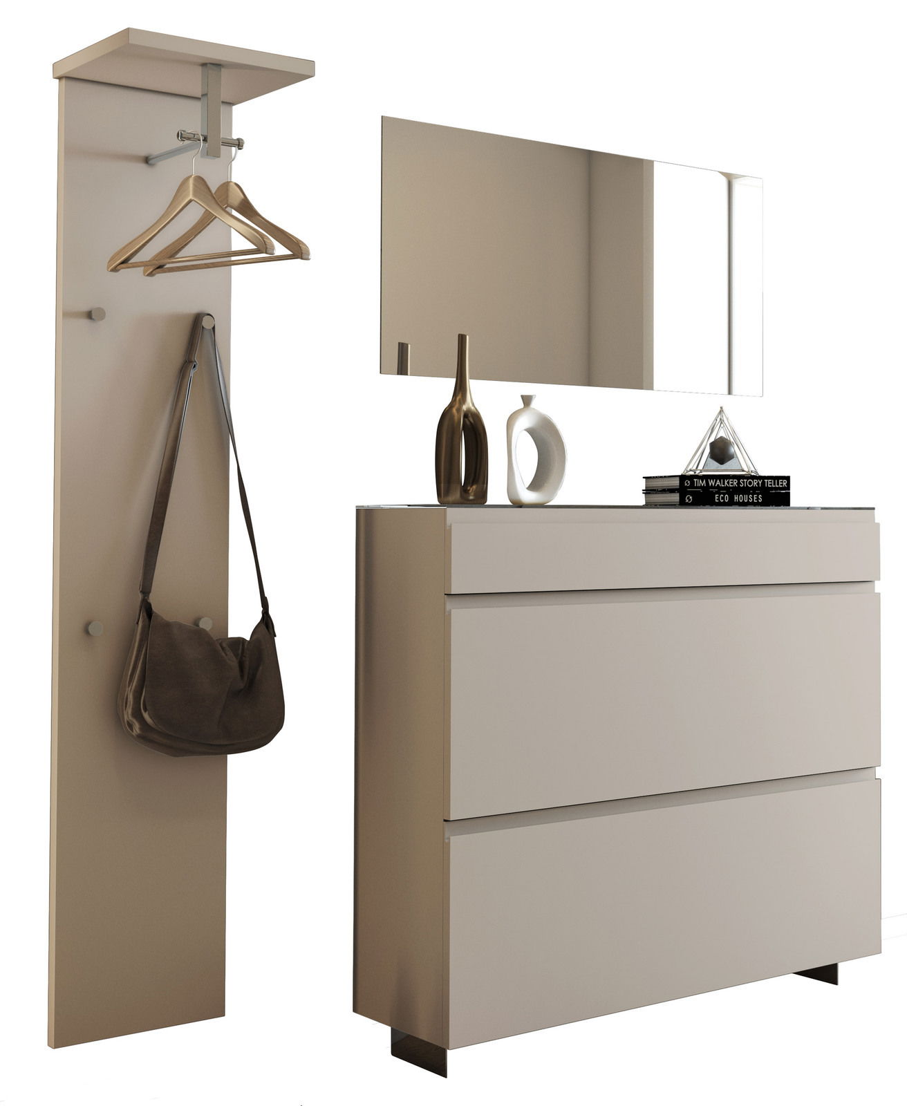 Garderobenset in modernem Design mit Wandpaneel, Kleiderhaken, Spiegel und Kommode, seitliche Perspektive