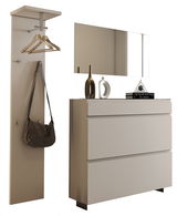 Garderobenset in modernem Design mit Wandpaneel, Kleiderhaken, Spiegel und Kommode, seitliche Perspektive