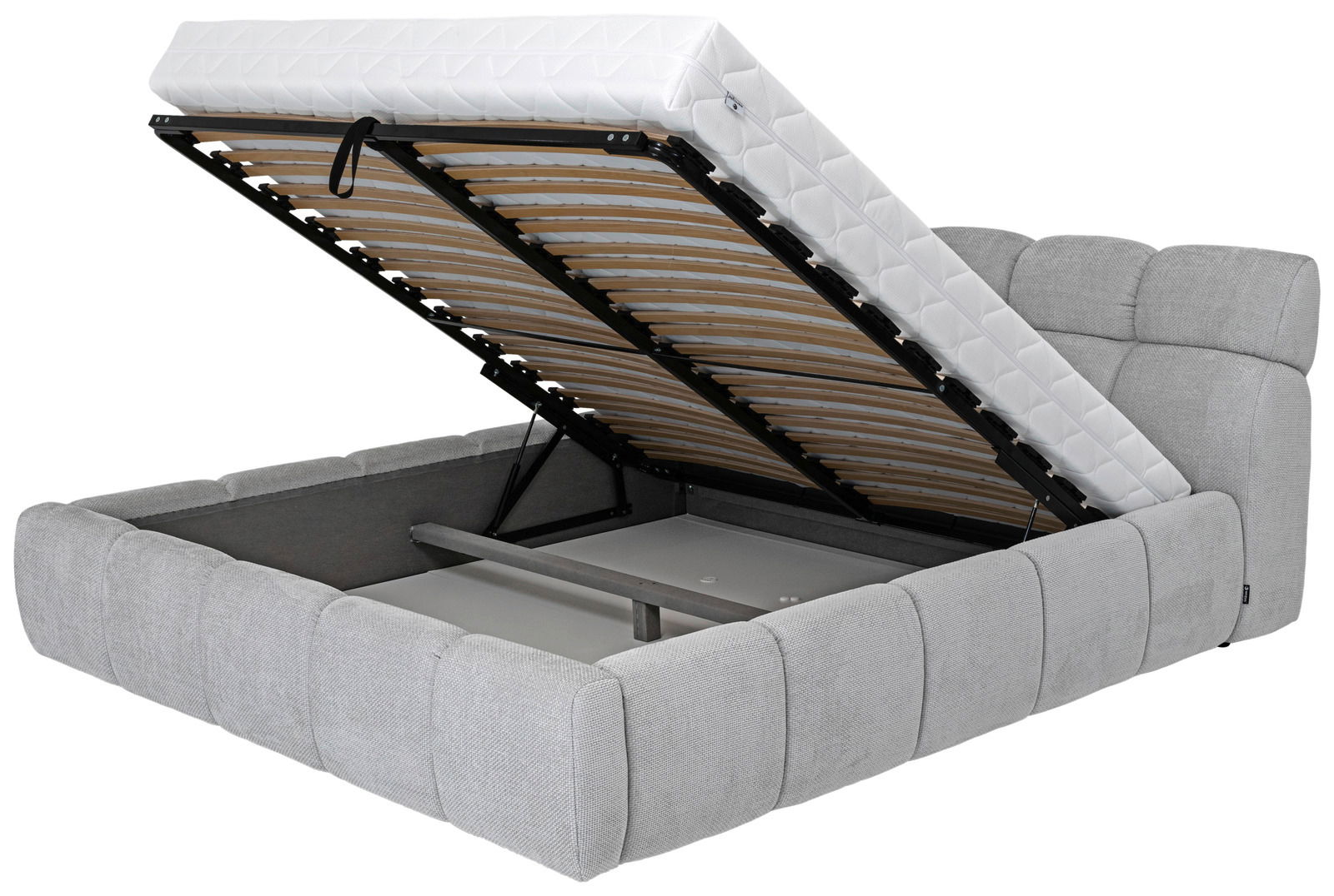 Graues Polsterbett mit hochgeklappter Matratze und Lattenrost, seitliche Perspektive