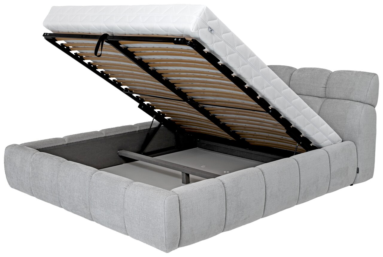 Graues Polsterbett mit hochgeklappter Matratze und Lattenrost, seitliche Perspektive