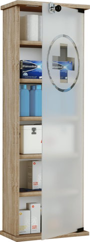 Medizinschrank aus Holzoptik mit mattierter Glastür und Kreuz-Symbol, Tür geöffnet mit sichtbaren Regalfächern und Medikamenten; Perspektive: frontale Ansicht leicht von rechts
