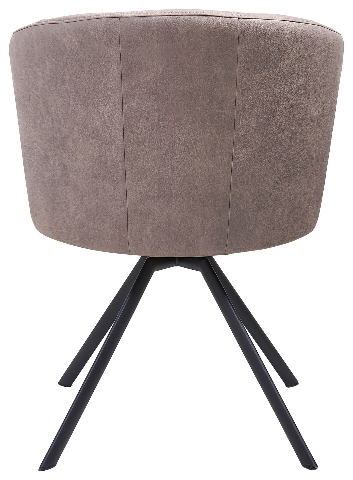 Rückansicht eines modernen Sessels mit braunem Stoffbezug und schwarzen Metallbeinen.