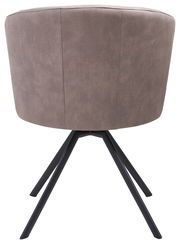 Rückansicht eines modernen Sessels mit braunem Stoffbezug und schwarzen Metallbeinen.