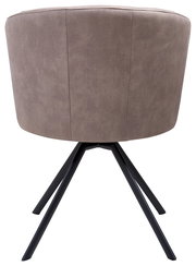 Rückansicht eines modernen Sessels mit braunem Stoffbezug und schwarzen Metallbeinen.