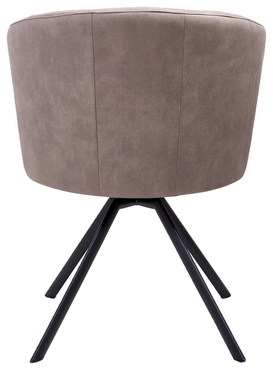 Rückansicht eines modernen Sessels mit braunem Stoffbezug und schwarzen Metallbeinen.