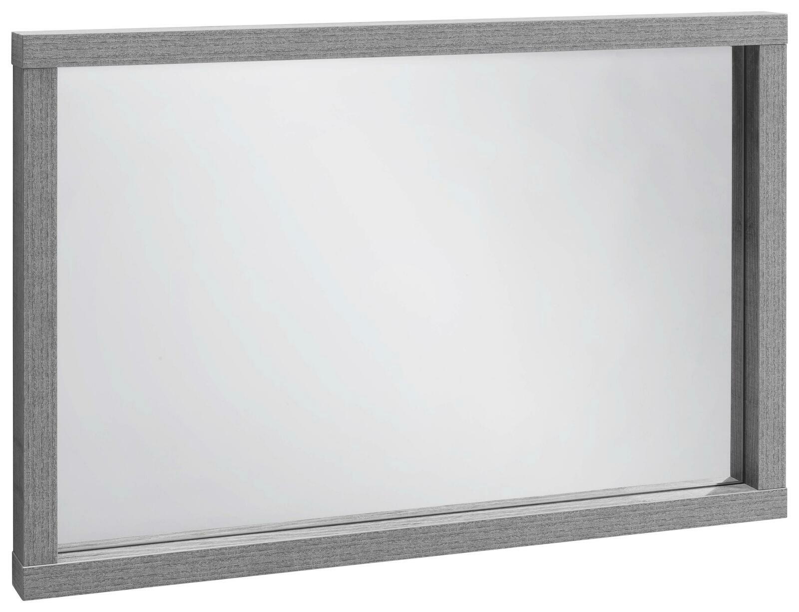 Rechteckiger Spiegel mit grauem Holzrahmen, seitliche Perspektive