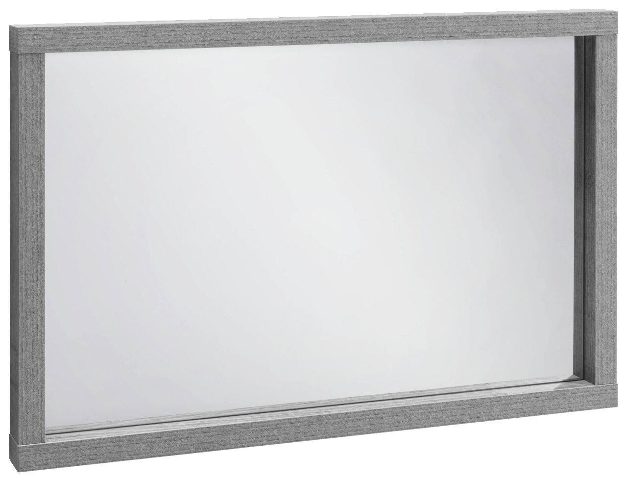 Rechteckiger Spiegel mit grauem Holzrahmen, seitliche Perspektive
