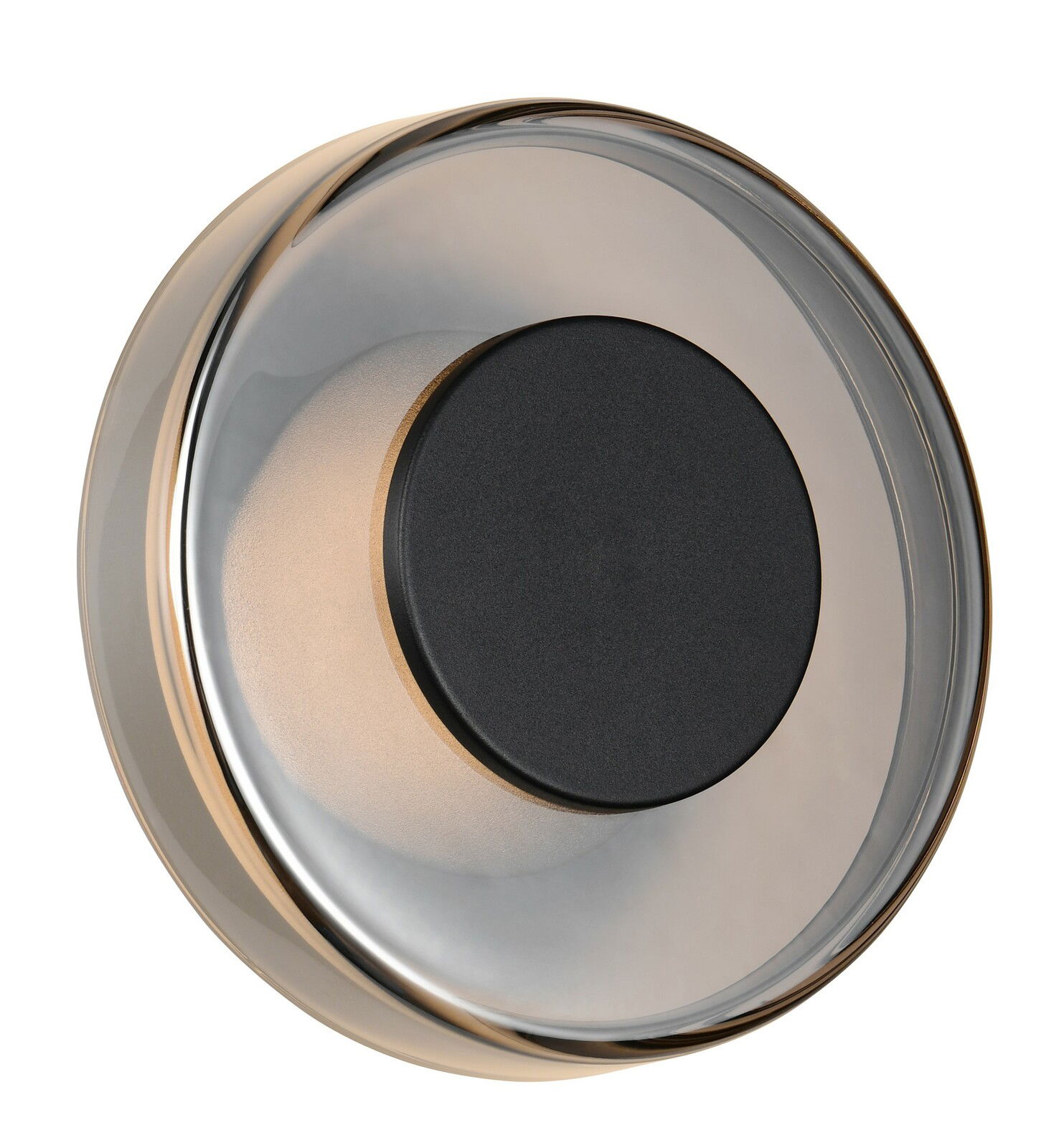 Nahaufnahme der Wandleuchte Celeste mit rundem, modernem Design und schwarzem Zentrum.